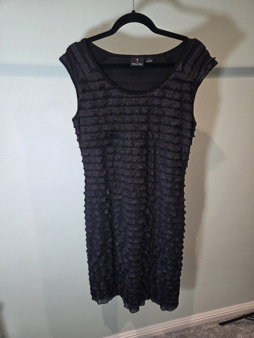 Travel By Tribal Black Layered Ruffle Midi Dress Womans Size L Shimmer & Sparkle